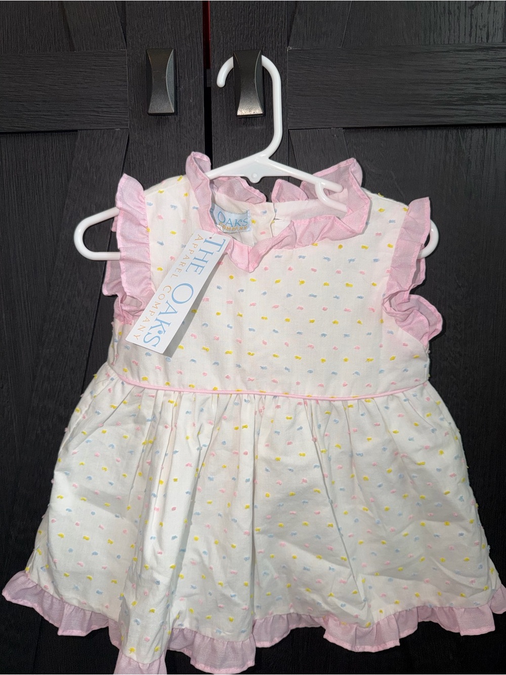 The Oaks Pink Trim White Baby Dress with Ruffle Sleeves